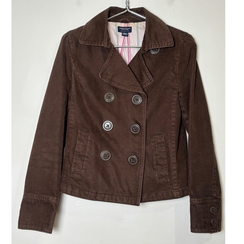 American Eagle Womens Y2K Peacoat Jacket M Preppy Academia Earthy Brown Cotton